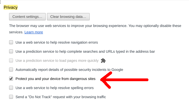 désactivation de la navigation sécurisée dans les paramètres avancés